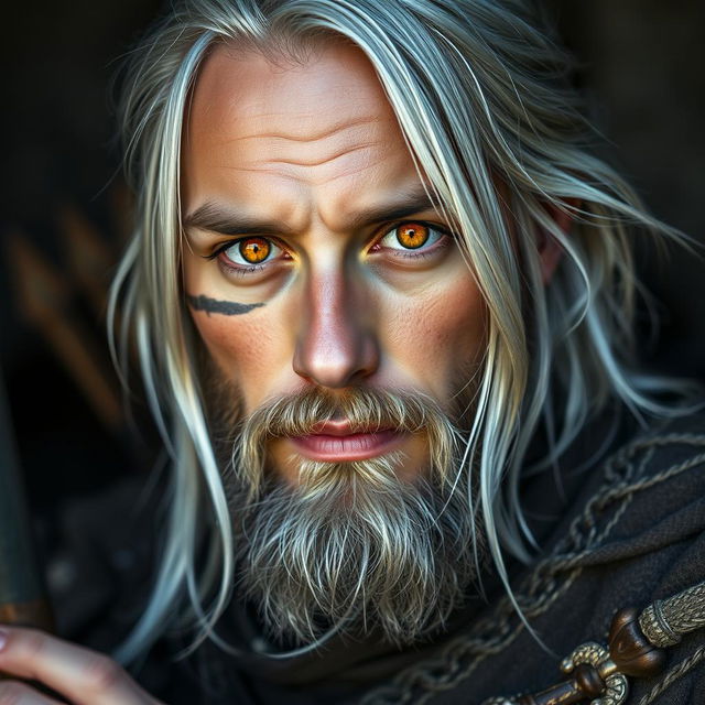 A portrait of a young man with long silver hair and a short beard, featuring striking orange and yellow glowing eyes