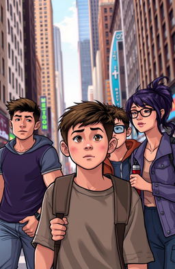 A teenage boy searching for his mother, accompanied by three supportive friends