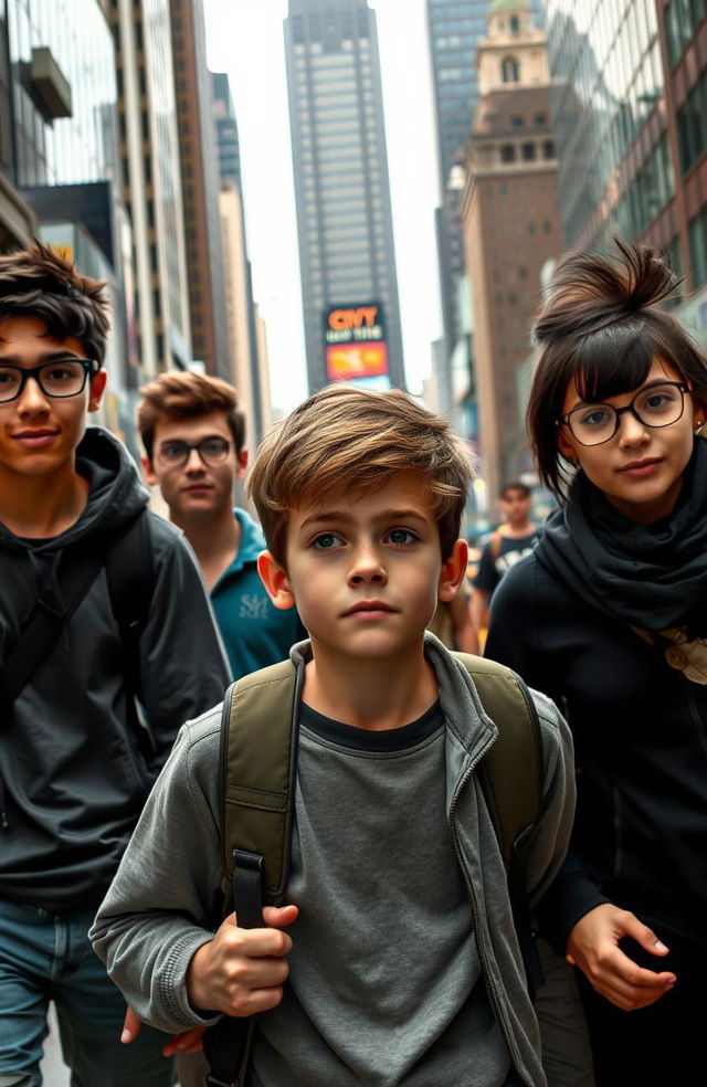 A teenage boy searching for his mother, accompanied by three supportive friends