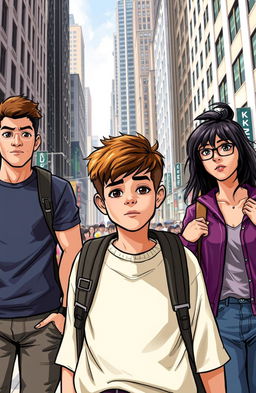 A teenage boy searching for his mother, accompanied by three supportive friends