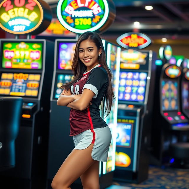 A seductive Indonesian football girl, confidently leaning against a brightly lit betting slot machine with an engaging smile