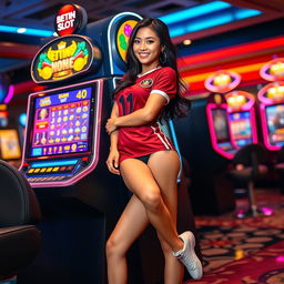 A seductive Indonesian football girl, confidently leaning against a brightly lit betting slot machine with an engaging smile