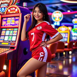 A seductive Indonesian football girl, confidently leaning against a brightly lit betting slot machine with an engaging smile