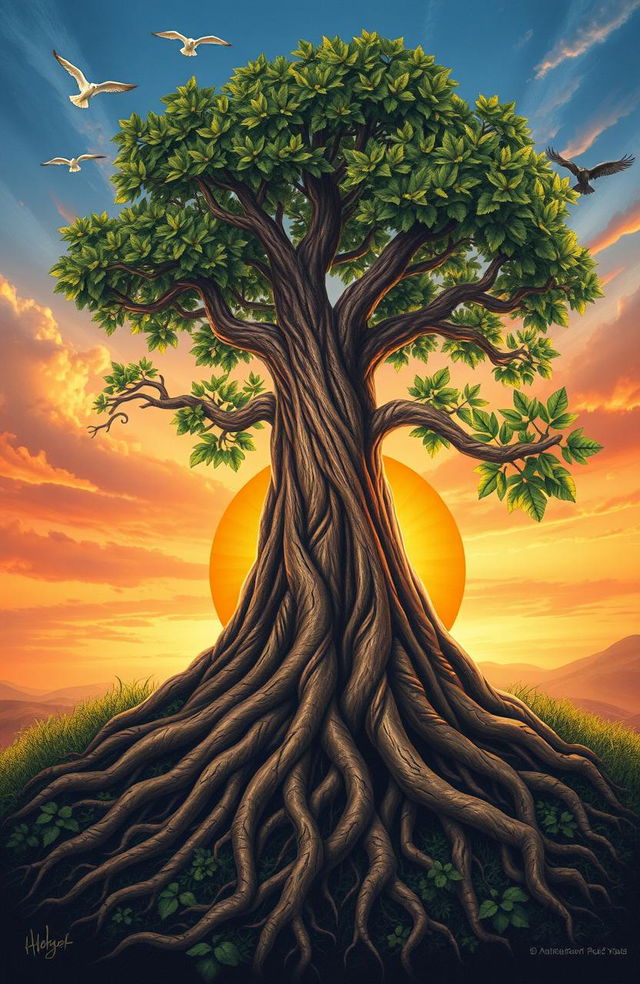 An artistic interpretation of 'Roots of Resilience', featuring a strong tree with deep, intricate roots symbolizing strength and endurance, set against a vibrant sunset background