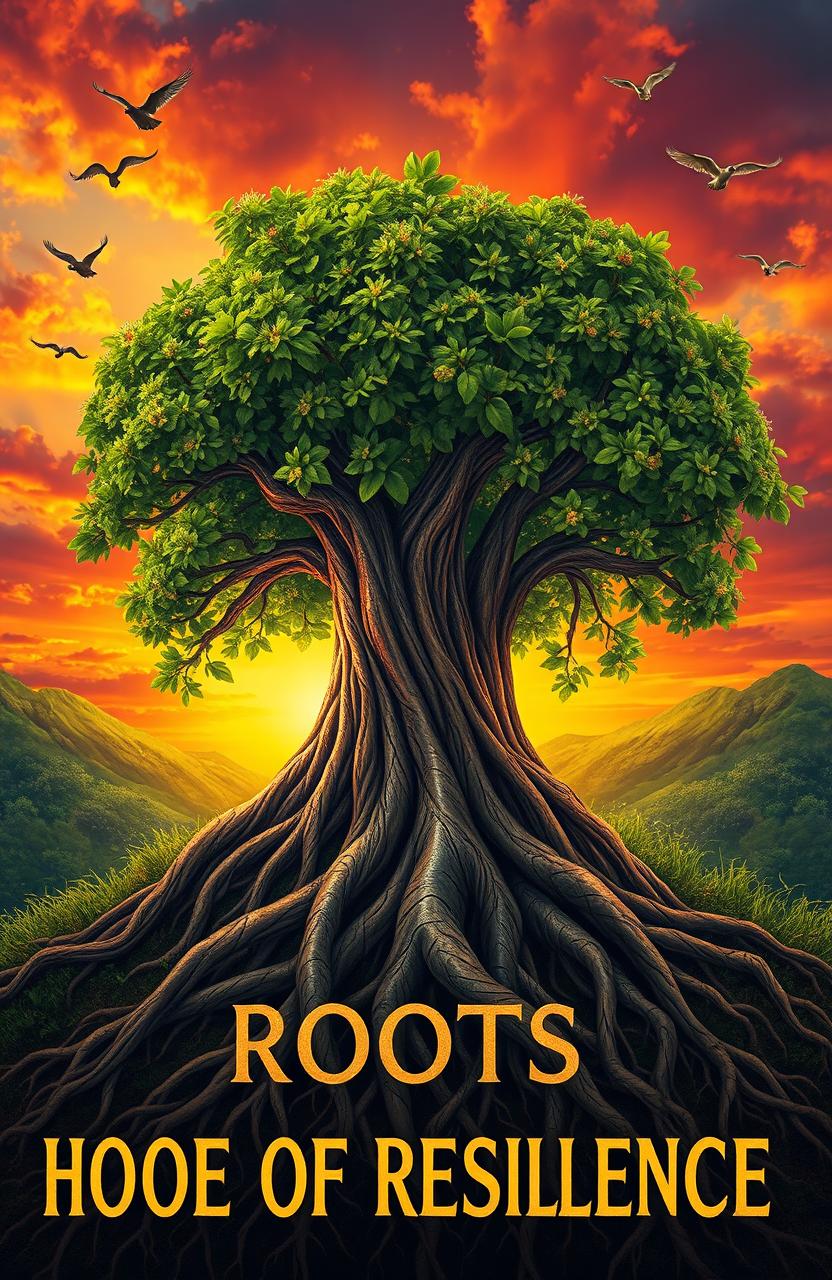 An artistic interpretation of 'Roots of Resilience', featuring a strong tree with deep, intricate roots symbolizing strength and endurance, set against a vibrant sunset background