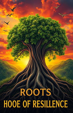 An artistic interpretation of 'Roots of Resilience', featuring a strong tree with deep, intricate roots symbolizing strength and endurance, set against a vibrant sunset background