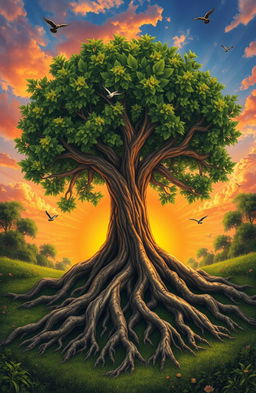 An artistic interpretation of 'Roots of Resilience', featuring a strong tree with deep, intricate roots symbolizing strength and endurance, set against a vibrant sunset background
