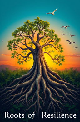 An artistic interpretation of 'Roots of Resilience', featuring a strong tree with deep, intricate roots symbolizing strength and endurance, set against a vibrant sunset background