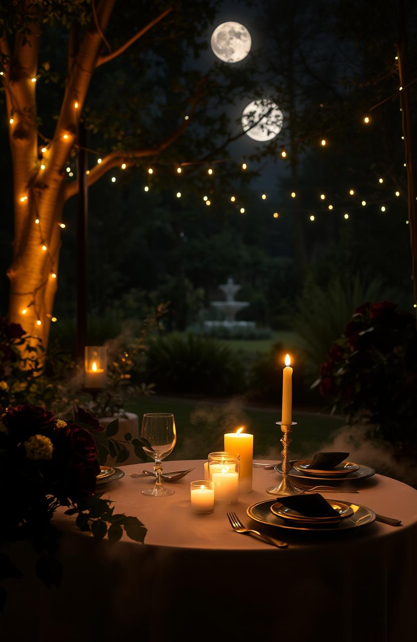 A beautifully lit, dark and romantic setting featuring a candlelit dinner for two in a secluded corner of a lush garden at night