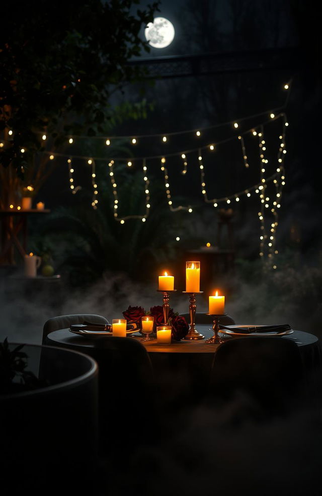 A beautifully lit, dark and romantic setting featuring a candlelit dinner for two in a secluded corner of a lush garden at night