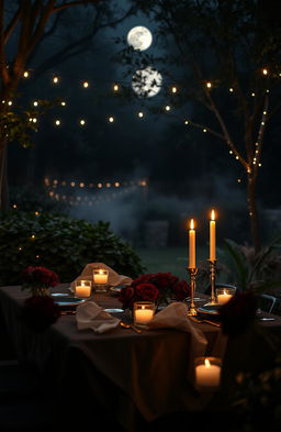 A beautifully lit, dark and romantic setting featuring a candlelit dinner for two in a secluded corner of a lush garden at night