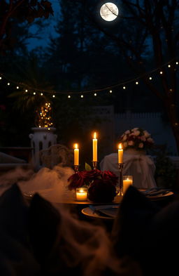 A beautifully lit, dark and romantic setting featuring a candlelit dinner for two in a secluded corner of a lush garden at night