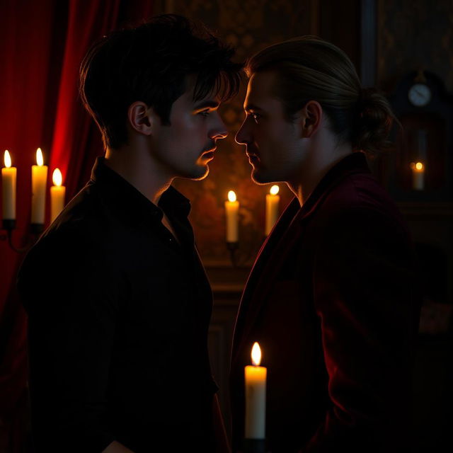 A captivating dark romance scene between two men in an intimate, candle-lit setting