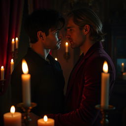 A captivating dark romance scene between two men in an intimate, candle-lit setting
