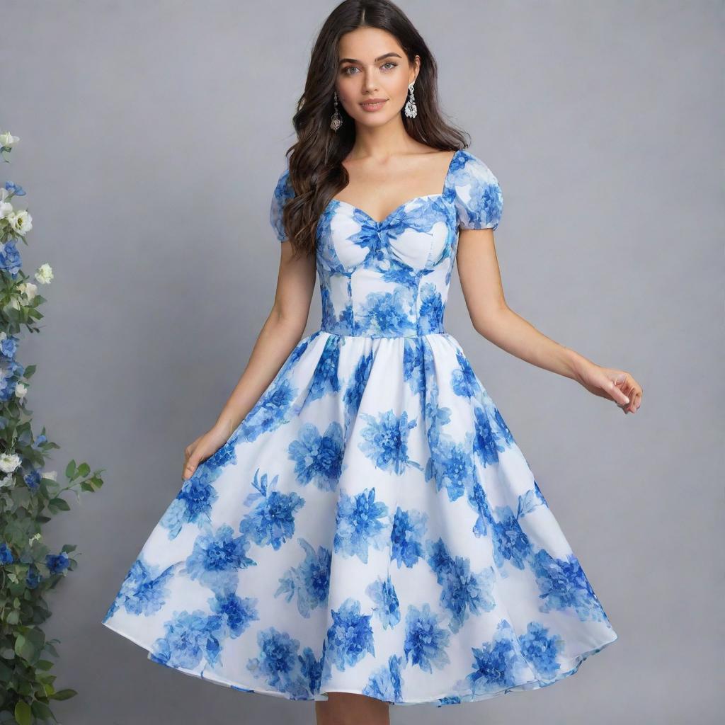 A viral, trendy, long, flowy, white floral dress adorned with blue flowers for a wedding guest. Sporting a corset top with short sleeves, this dress exudes a pretty and cute aura, encapsulating contemporary fashion trends.