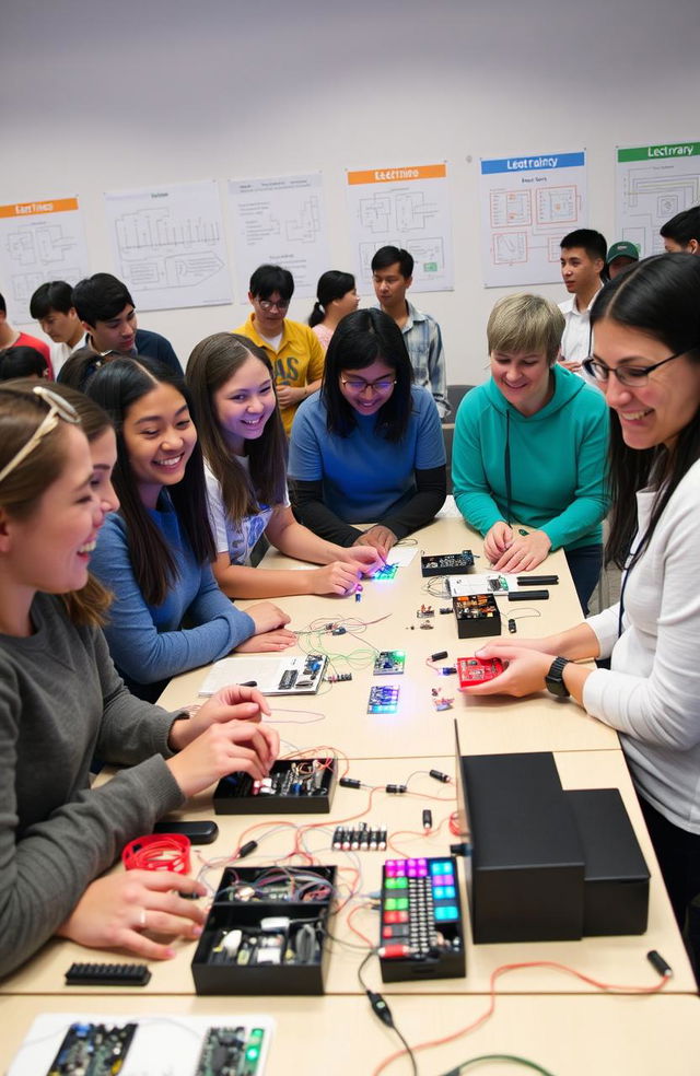 A beginner-friendly electronics workshop scene with diverse group of people actively engaged in hands-on learning