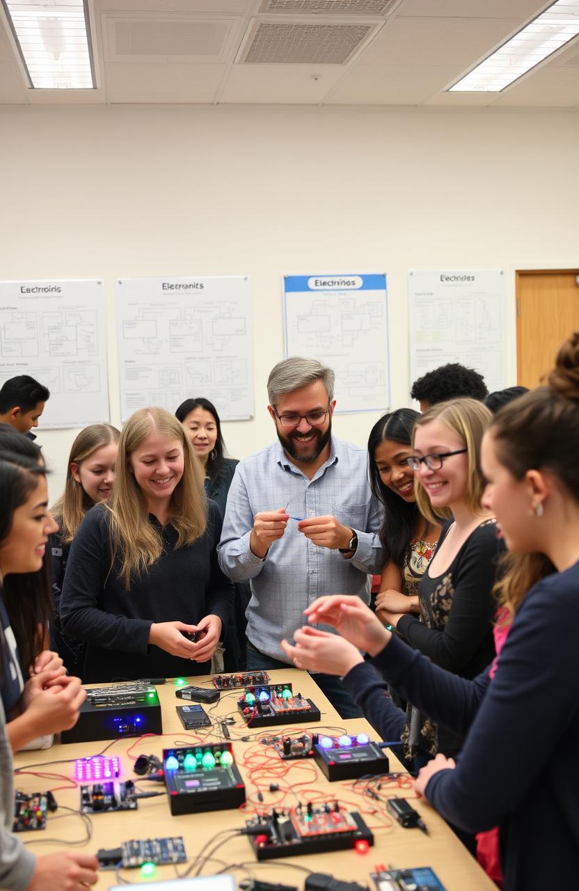 A beginner-friendly electronics workshop scene with diverse group of people actively engaged in hands-on learning