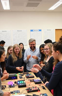 A beginner-friendly electronics workshop scene with diverse group of people actively engaged in hands-on learning