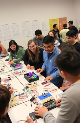 A beginner-friendly electronics workshop scene with diverse group of people actively engaged in hands-on learning