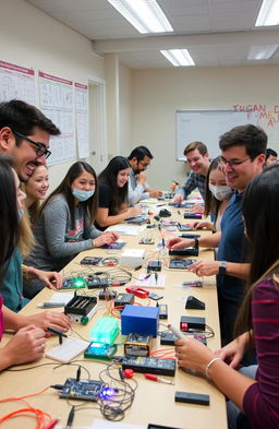 A beginner-friendly electronics workshop scene with diverse group of people actively engaged in hands-on learning