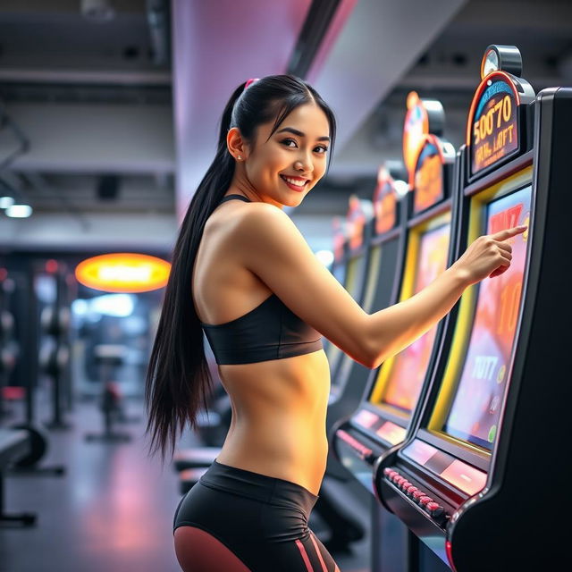 A captivating scene in a brightly lit gym featuring an attractive Indonesian woman in gym attire, showing off her toned physique as she playfully interacts with a slot machine