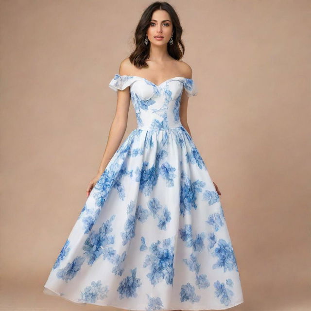 A viral, trendy, long, flowy, white floral dress adorned with blue flowers for a wedding guest. Sporting a corset top with short sleeves, this dress exudes a pretty and cute aura, encapsulating contemporary fashion trends.