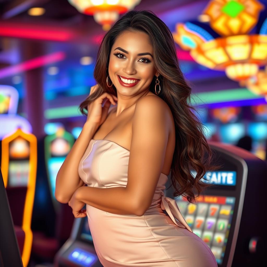 An alluring scene set in a vibrant casino, showcasing an attractive Indonesian woman in her 40s with a confident demeanor