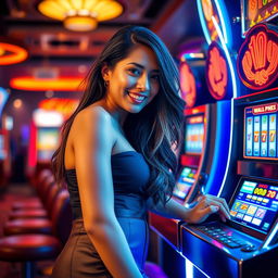 An alluring scene set in a vibrant casino, showcasing an attractive Indonesian woman in her 40s with a confident demeanor