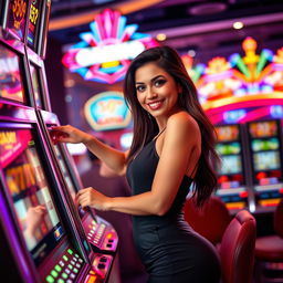 An alluring scene set in a vibrant casino, showcasing an attractive Indonesian woman in her 40s with a confident demeanor
