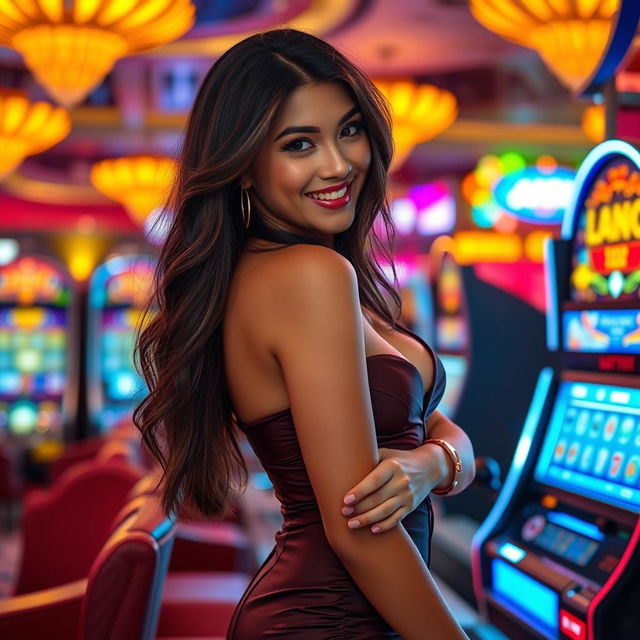 An alluring scene set in a vibrant casino, showcasing an attractive Indonesian woman in her 40s with a confident demeanor