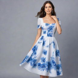 A viral, trendy, long, flowy, white floral dress adorned with blue flowers for a wedding guest. Sporting a corset top with short sleeves, this dress exudes a pretty and cute aura, encapsulating contemporary fashion trends.