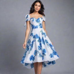 A viral, trendy, long, flowy, white floral dress adorned with blue flowers for a wedding guest. Sporting a corset top with short sleeves, this dress exudes a pretty and cute aura, encapsulating contemporary fashion trends.