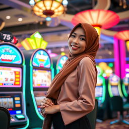 An enchanting scene set in a lively casino, featuring an attractive Indonesian woman wearing a stylish hijab, elegantly dressed in contemporary fashion