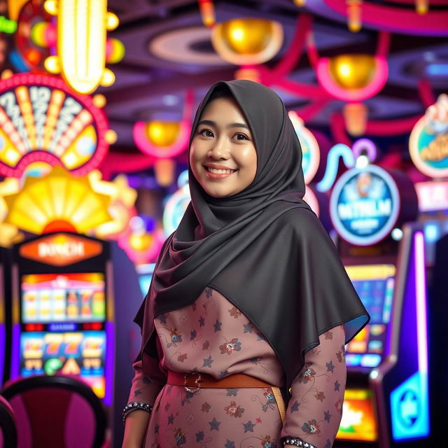 An enchanting scene set in a lively casino, featuring an attractive Indonesian woman wearing a stylish hijab, elegantly dressed in contemporary fashion