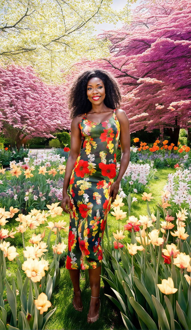 A radiant black woman in a floral sundress stands amidst a vibrant spring garden under filtered sunlight in an ultra-high-definition 36k resolution photograph.