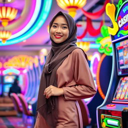 An enchanting scene set in a lively casino, featuring an attractive Indonesian woman wearing a stylish hijab, elegantly dressed in contemporary fashion