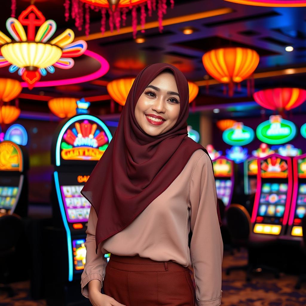 An enchanting scene set in a lively casino, featuring an attractive Indonesian woman wearing a stylish hijab, elegantly dressed in contemporary fashion