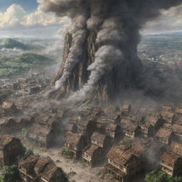 An intricate and lifelike depiction of the Shiganshina District from Attack on Titan under attack, with colossal walls, houses enveloped in smoky chaos, and terrifying titans loom over the scenery.