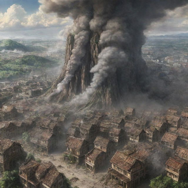 An intricate and lifelike depiction of the Shiganshina District from Attack on Titan under attack, with colossal walls, houses enveloped in smoky chaos, and terrifying titans loom over the scenery.