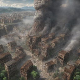 An intricate and lifelike depiction of the Shiganshina District from Attack on Titan under attack, with colossal walls, houses enveloped in smoky chaos, and terrifying titans loom over the scenery.