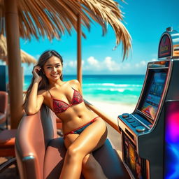 A stunning scene at a luxurious beachside casino featuring an attractive Indonesian woman in a stylish bikini