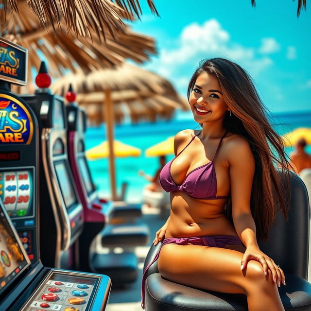 A stunning scene at a luxurious beachside casino featuring an attractive Indonesian woman in a stylish bikini