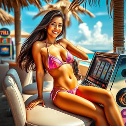 A stunning scene at a luxurious beachside casino featuring an attractive Indonesian woman in a stylish bikini