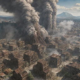 An intricate and lifelike depiction of the Shiganshina District from Attack on Titan under attack, with colossal walls, houses enveloped in smoky chaos, and terrifying titans loom over the scenery.