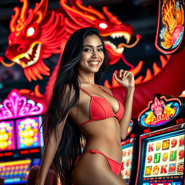 A captivating scene at a bustling casino featuring an attractive Indonesian woman in a stylish bikini, playfully flirting while standing next to a vibrant slot machine