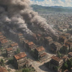 An intricate and lifelike depiction of the Shiganshina District from Attack on Titan under attack, with colossal walls, houses enveloped in smoky chaos, and terrifying titans loom over the scenery.