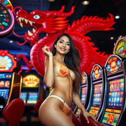 A captivating scene at a bustling casino featuring an attractive Indonesian woman in a stylish bikini, playfully flirting while standing next to a vibrant slot machine