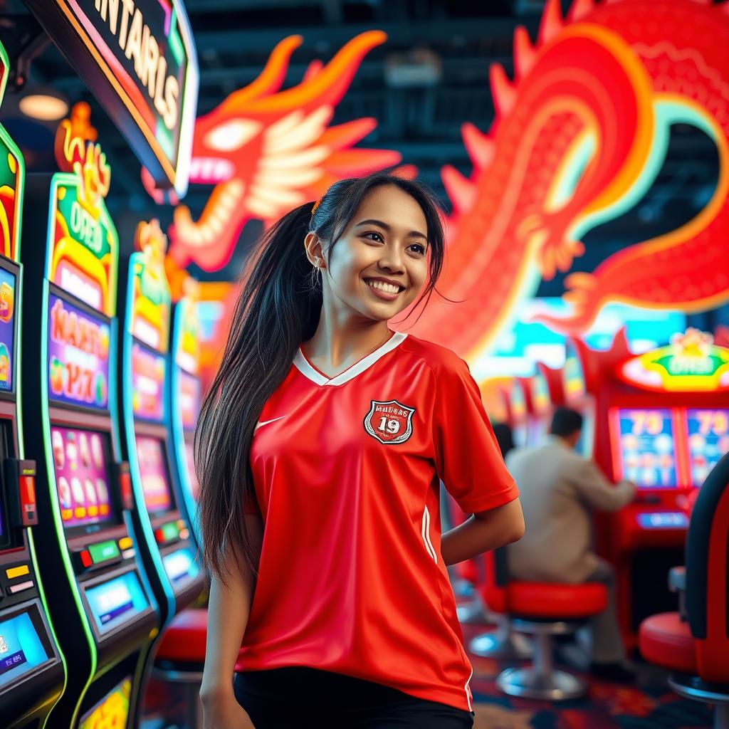 A dynamic scene in a bustling casino featuring a sporty Indonesian woman dressed in a casual football jersey, playfully flirting as she stands next to a colorful slot machine