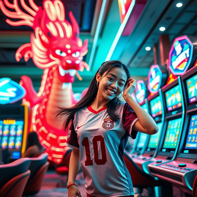 A dynamic scene in a bustling casino featuring a sporty Indonesian woman dressed in a casual football jersey, playfully flirting as she stands next to a colorful slot machine