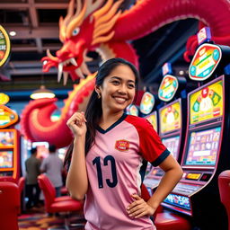 A dynamic scene in a bustling casino featuring a sporty Indonesian woman dressed in a casual football jersey, playfully flirting as she stands next to a colorful slot machine